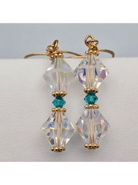 Swarovski Like Crystal Dangle Earrings Handcrafted Turquoise Accents Gold Tone